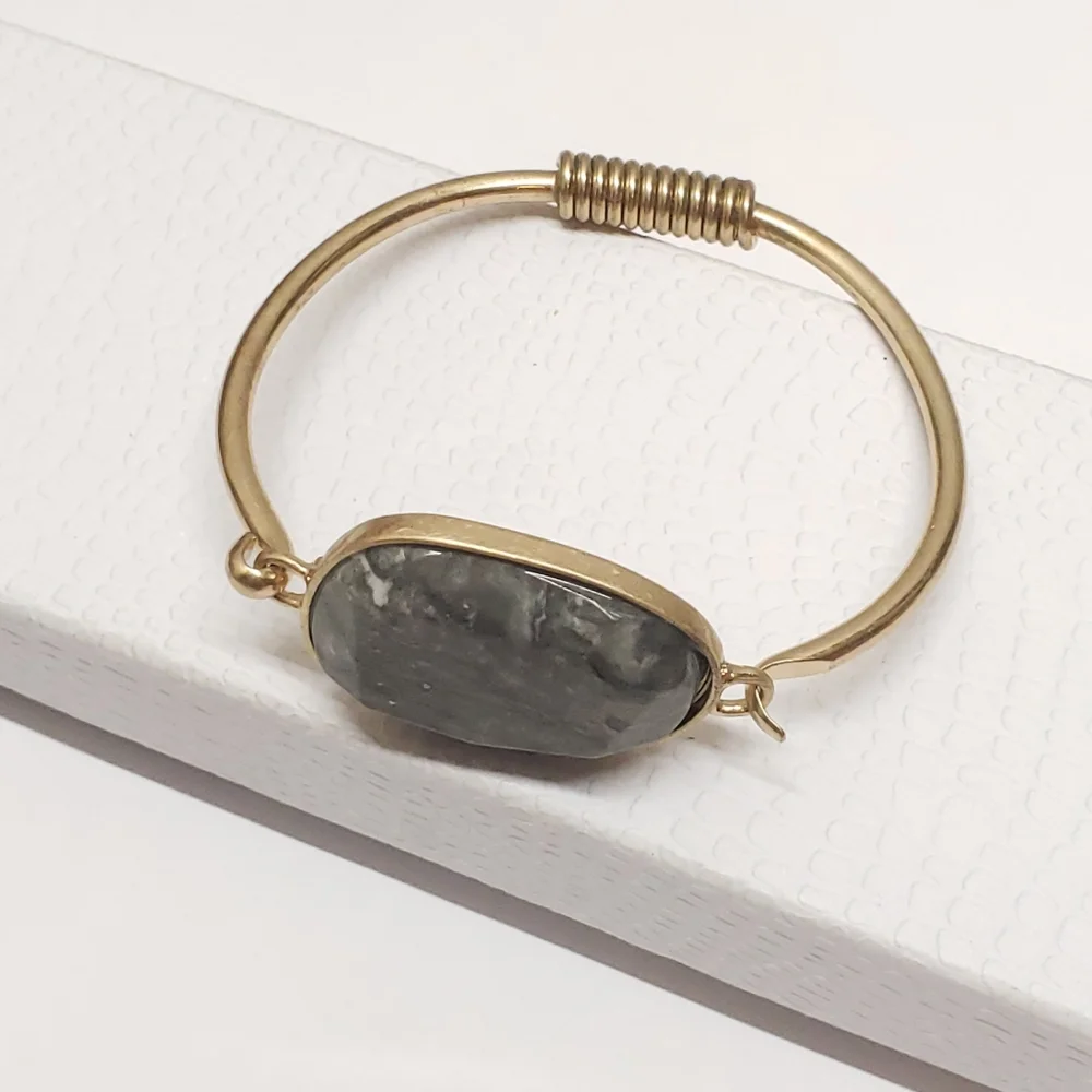 Gray Marble Cut Stone Gold Tone Bracelet Statement Bracelet